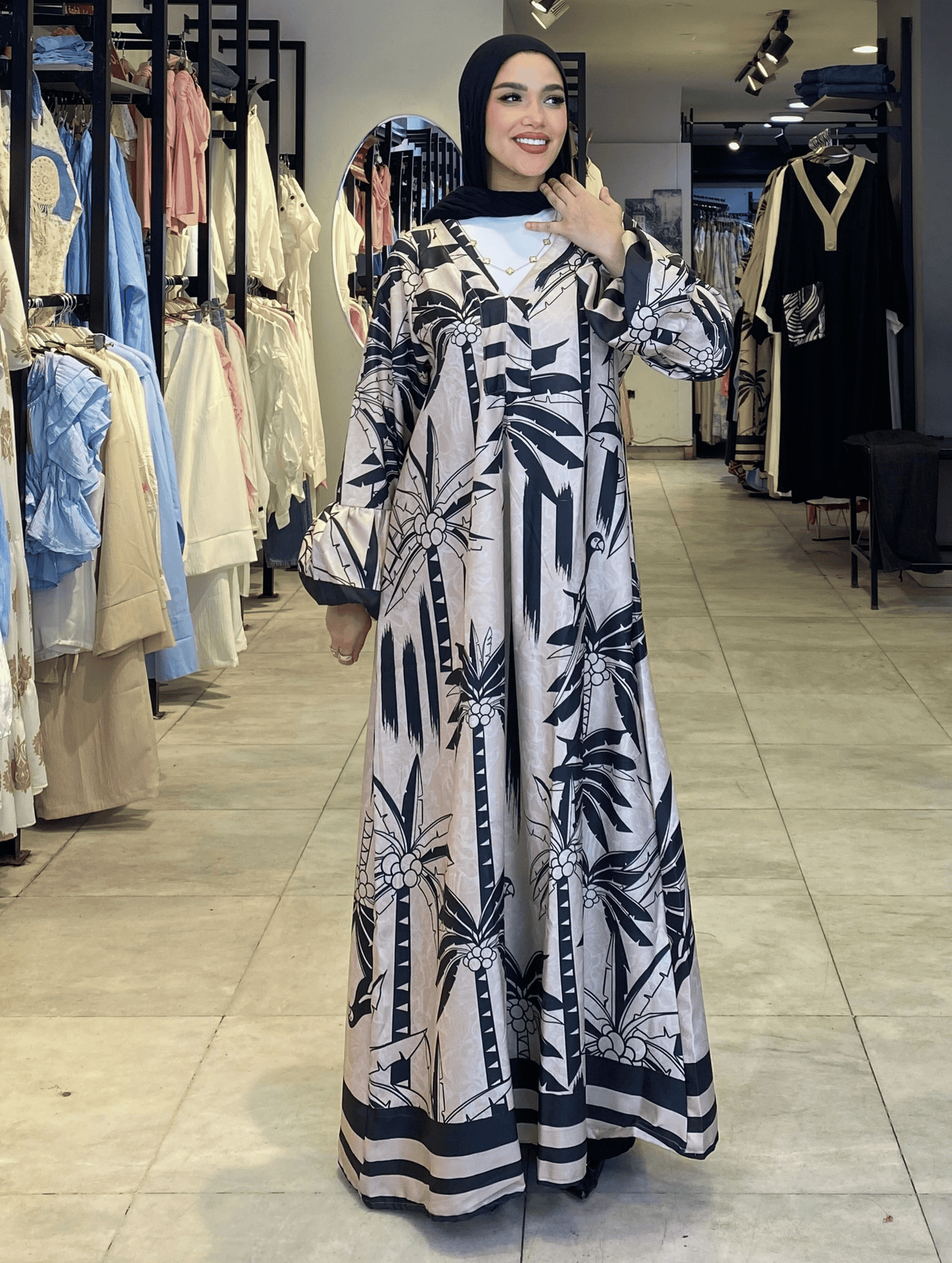 Printed Beige x Black Dress ss25ms-drs-4015