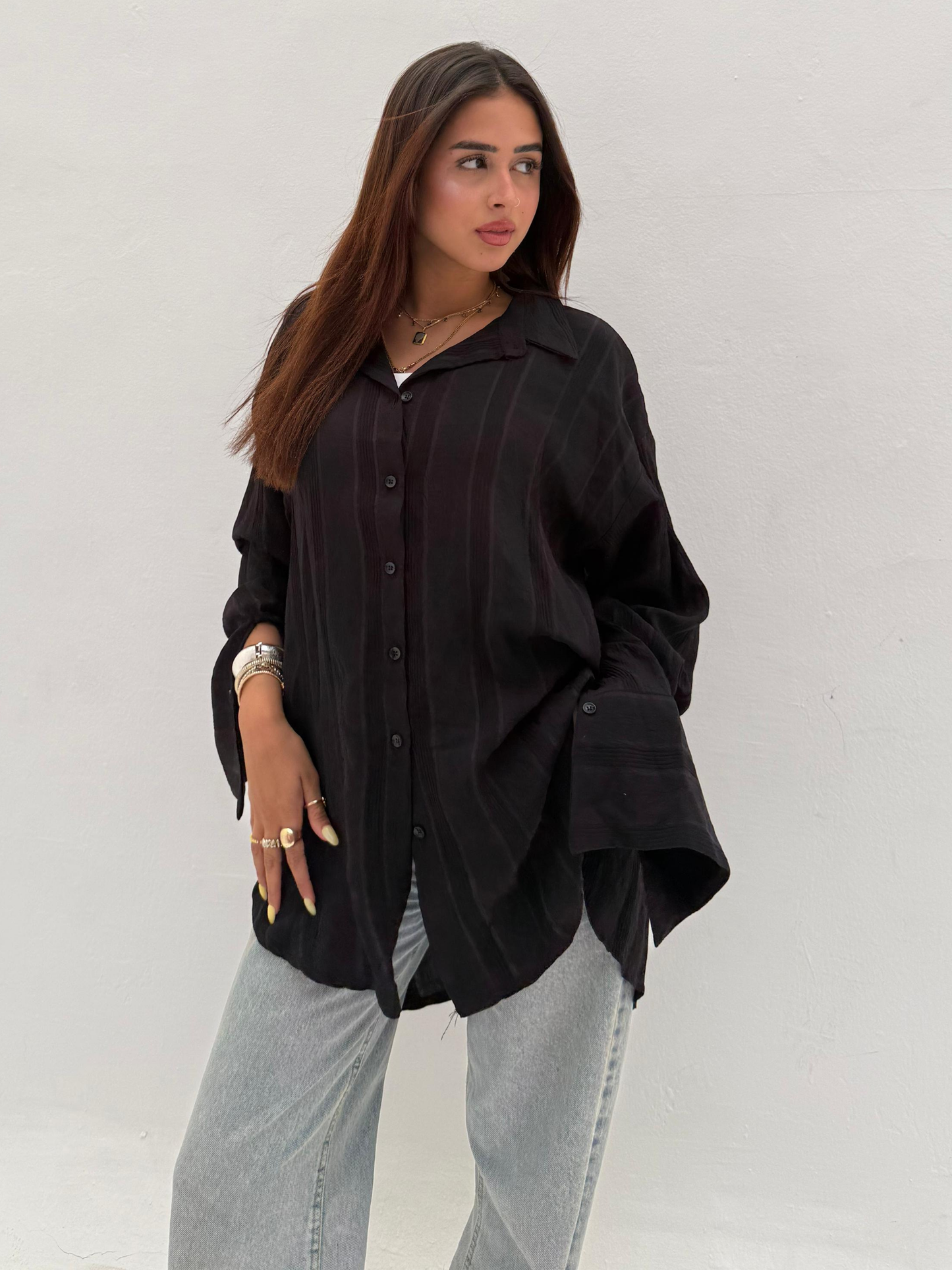 Black Wide Striped Long Shirt Code: 1048-2