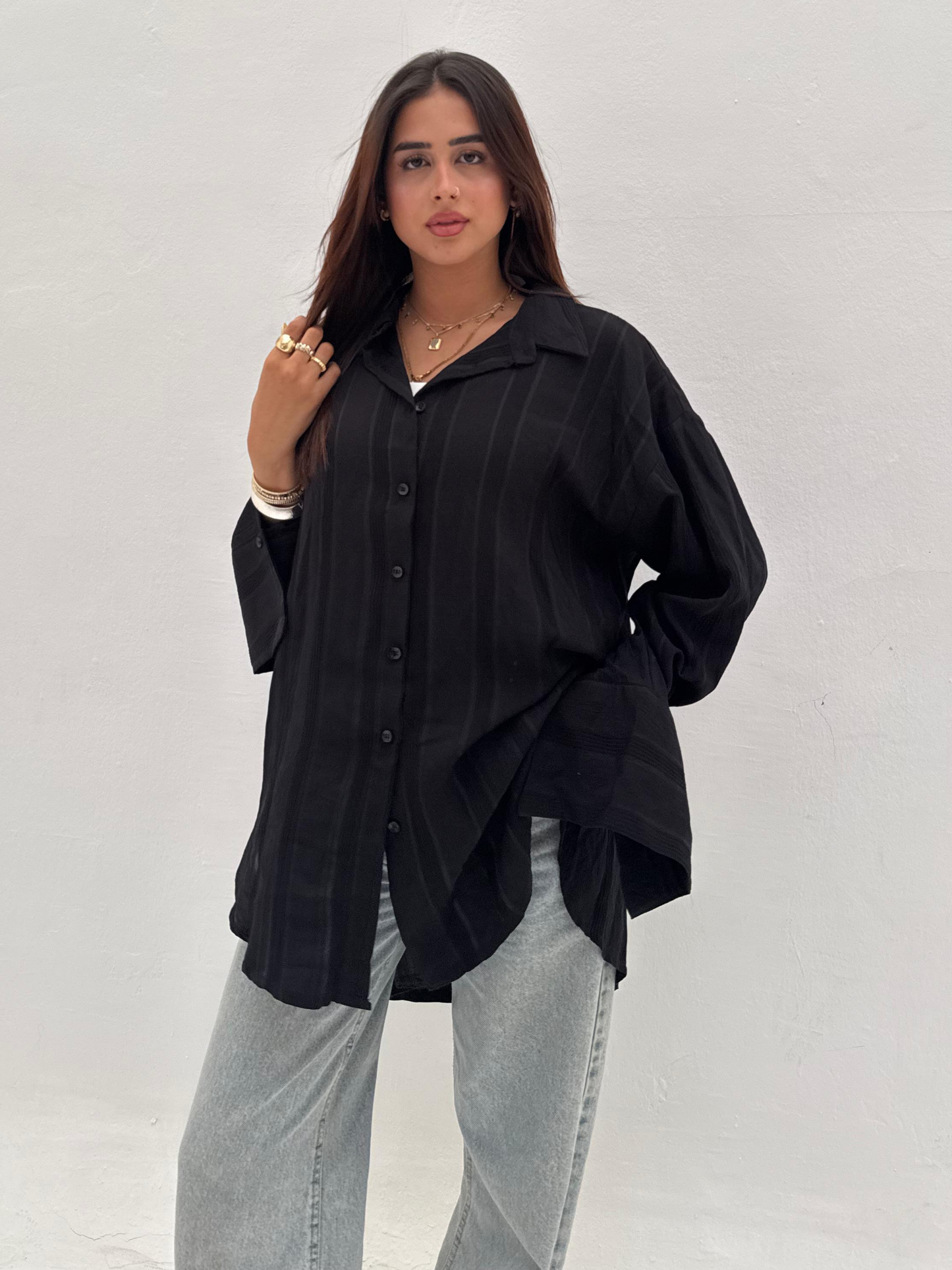 Black Wide Striped Long Shirt Code: 1048-2