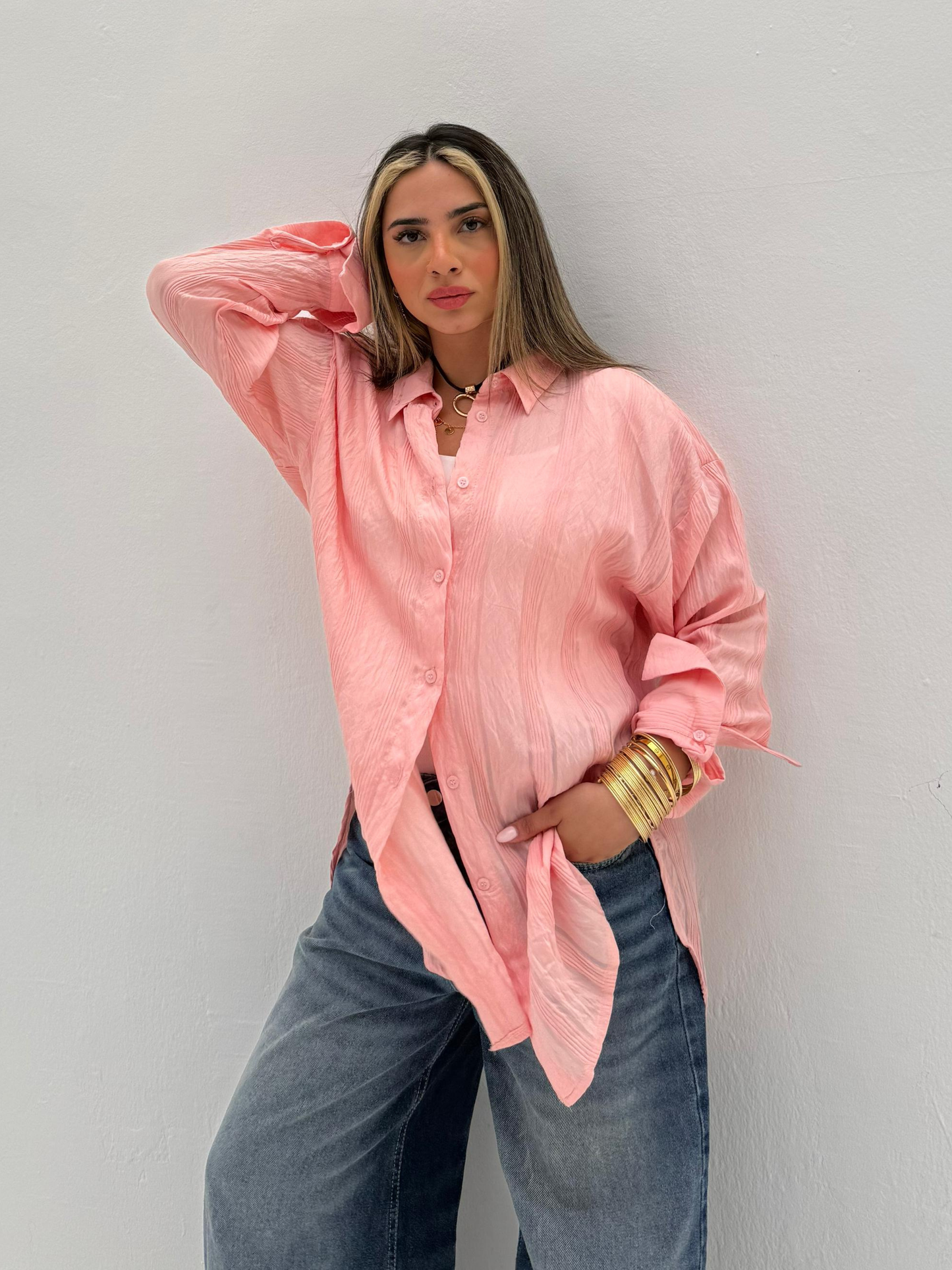 Pink Wide Striped Long Shirt Code: 1048-2