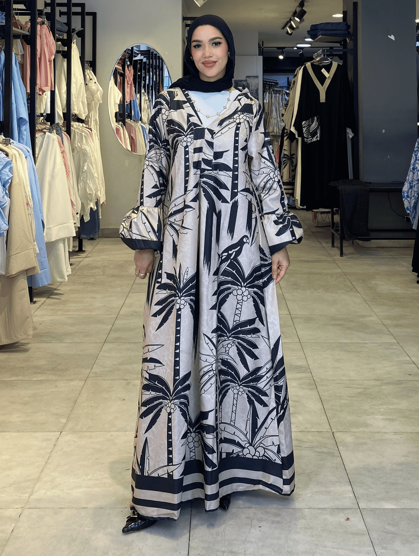 Printed Beige x Black Dress ss25ms-drs-4015