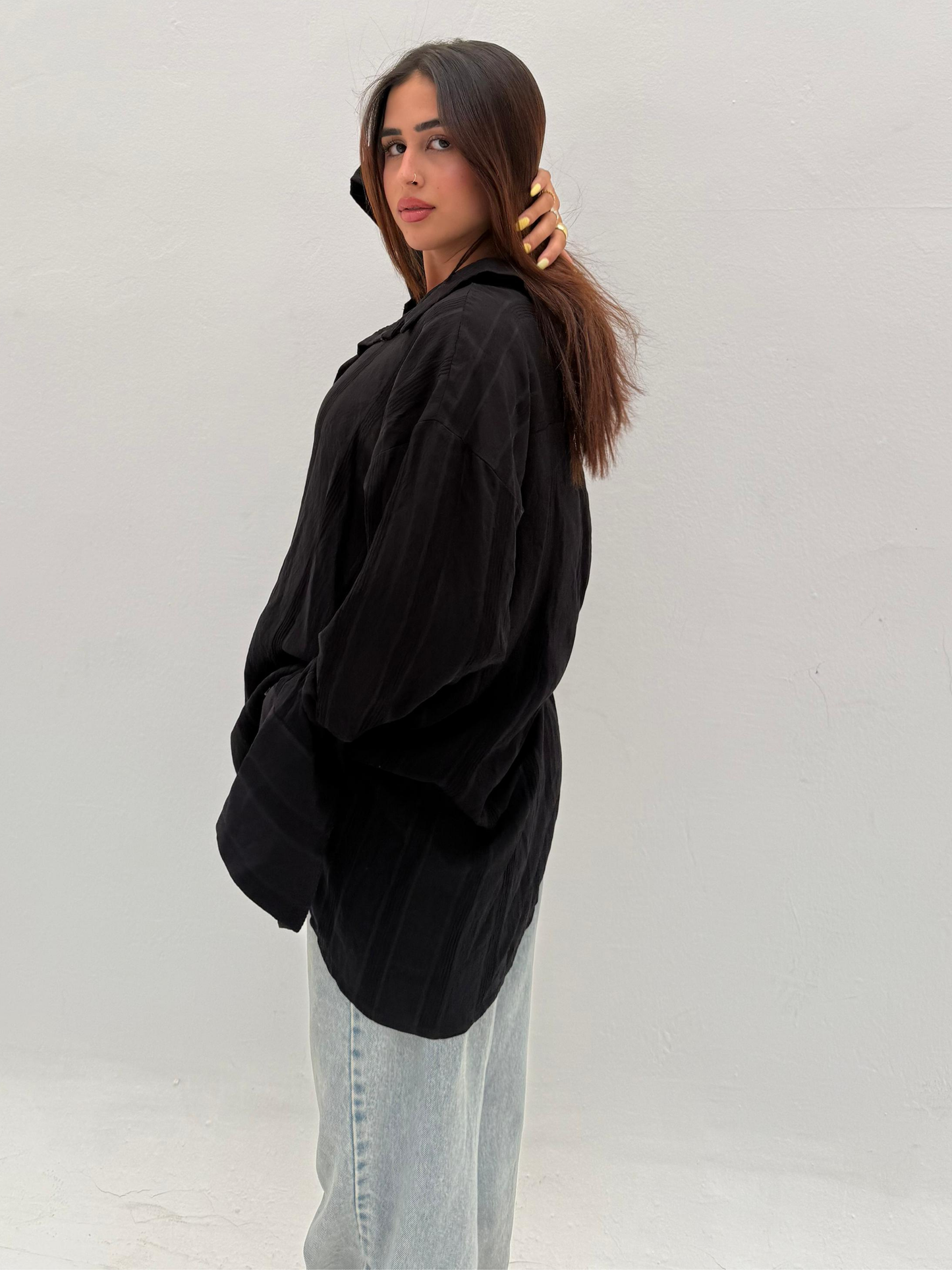 Black Wide Striped Long Shirt Code: 1048-2