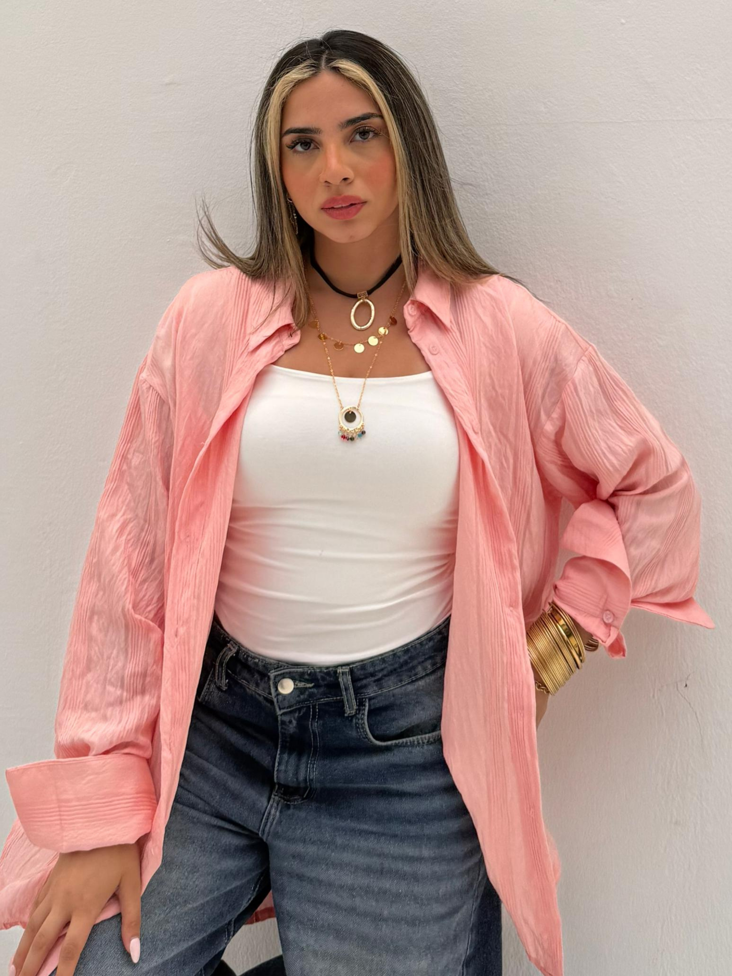 Pink Wide Striped Long Shirt Code: 1048-2