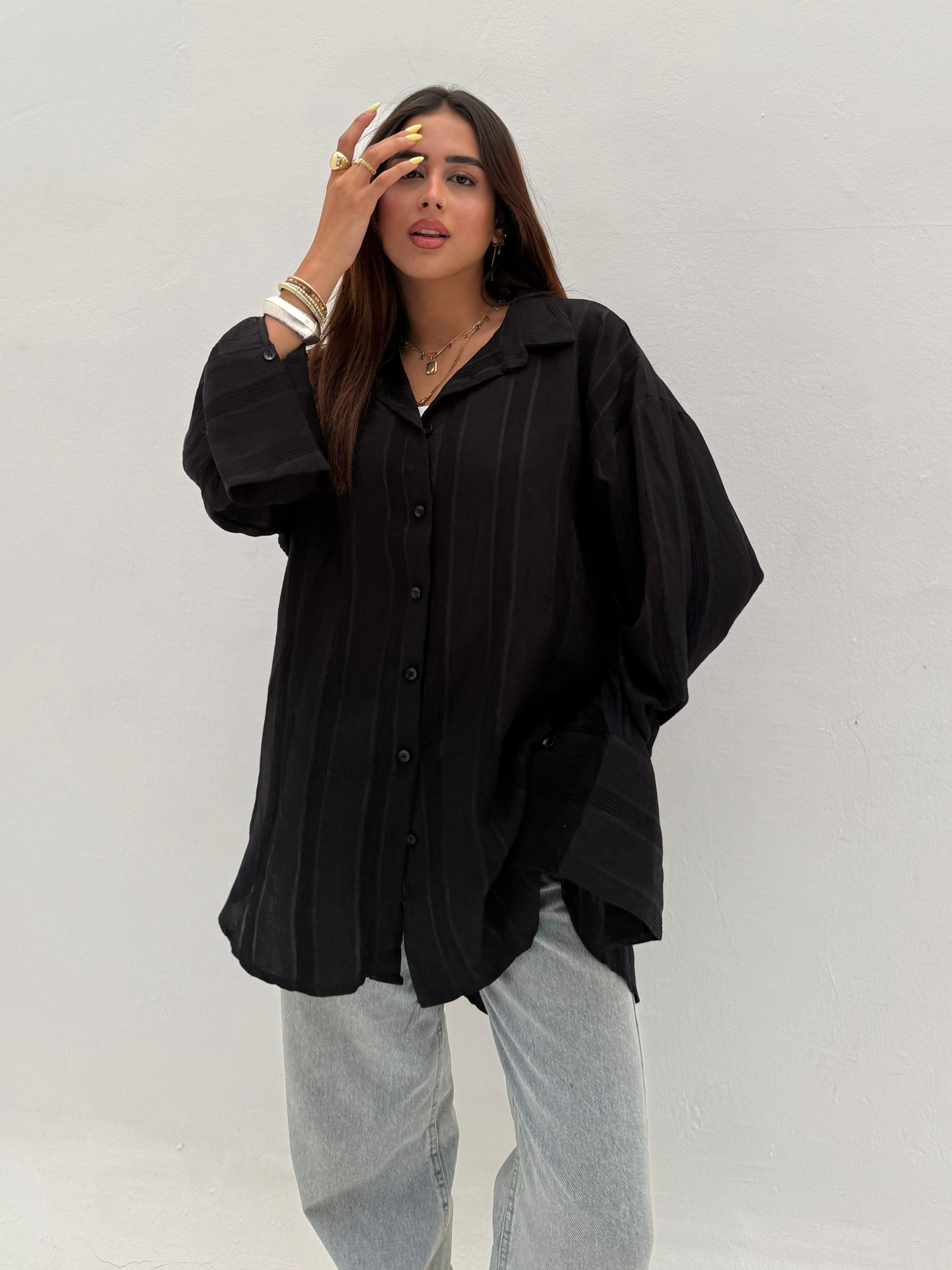 Black Wide Striped Long Shirt Code: 1048-2