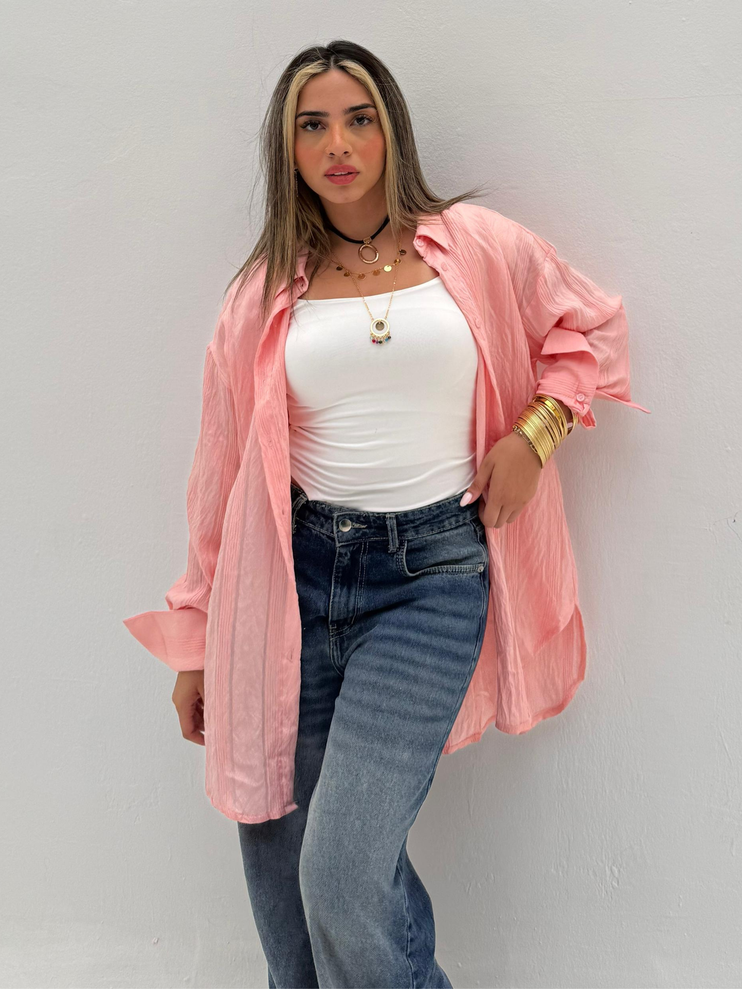 Pink Wide Striped Long Shirt Code: 1048-2