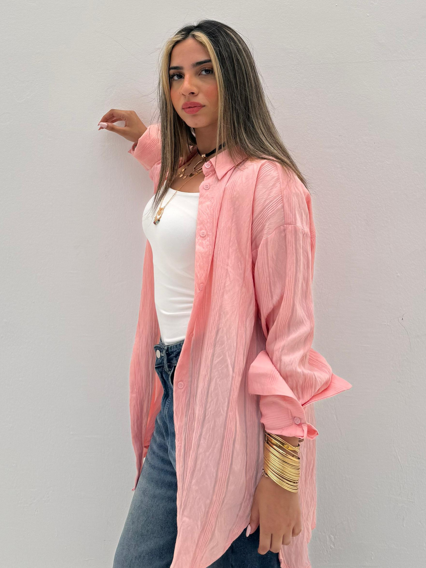 Pink Wide Striped Long Shirt Code: 1048-2