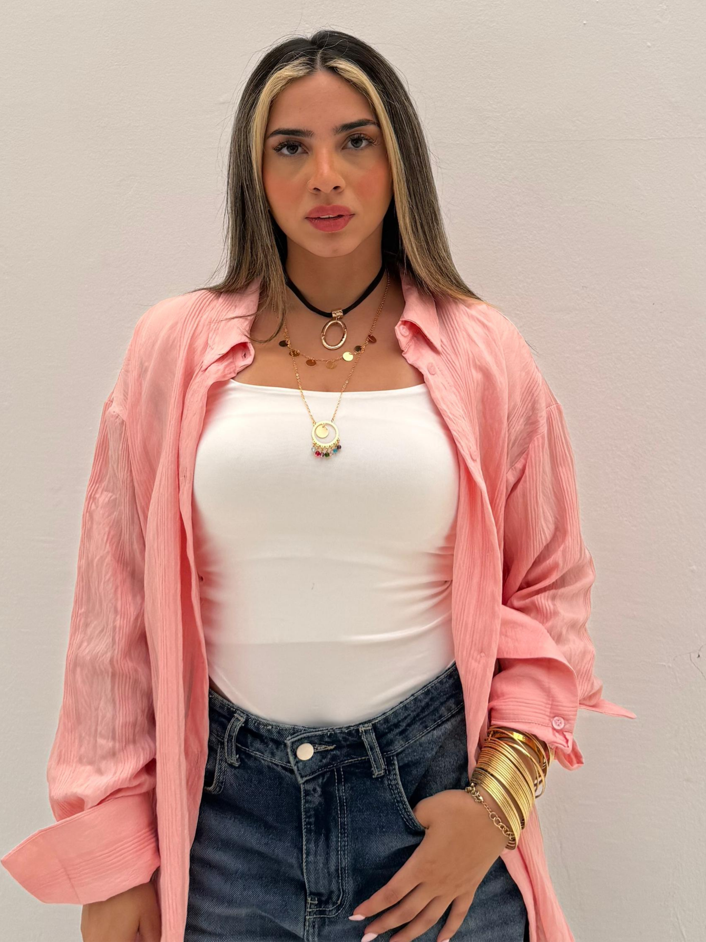 Pink Wide Striped Long Shirt Code: 1048-2