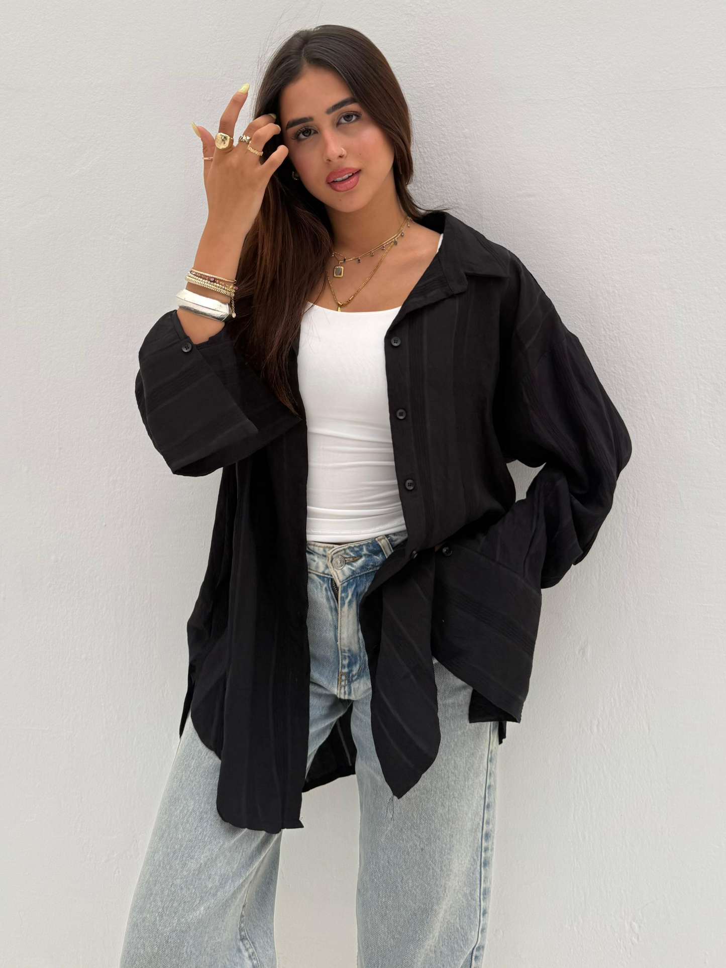 Black Wide Striped Long Shirt Code: 1048-2