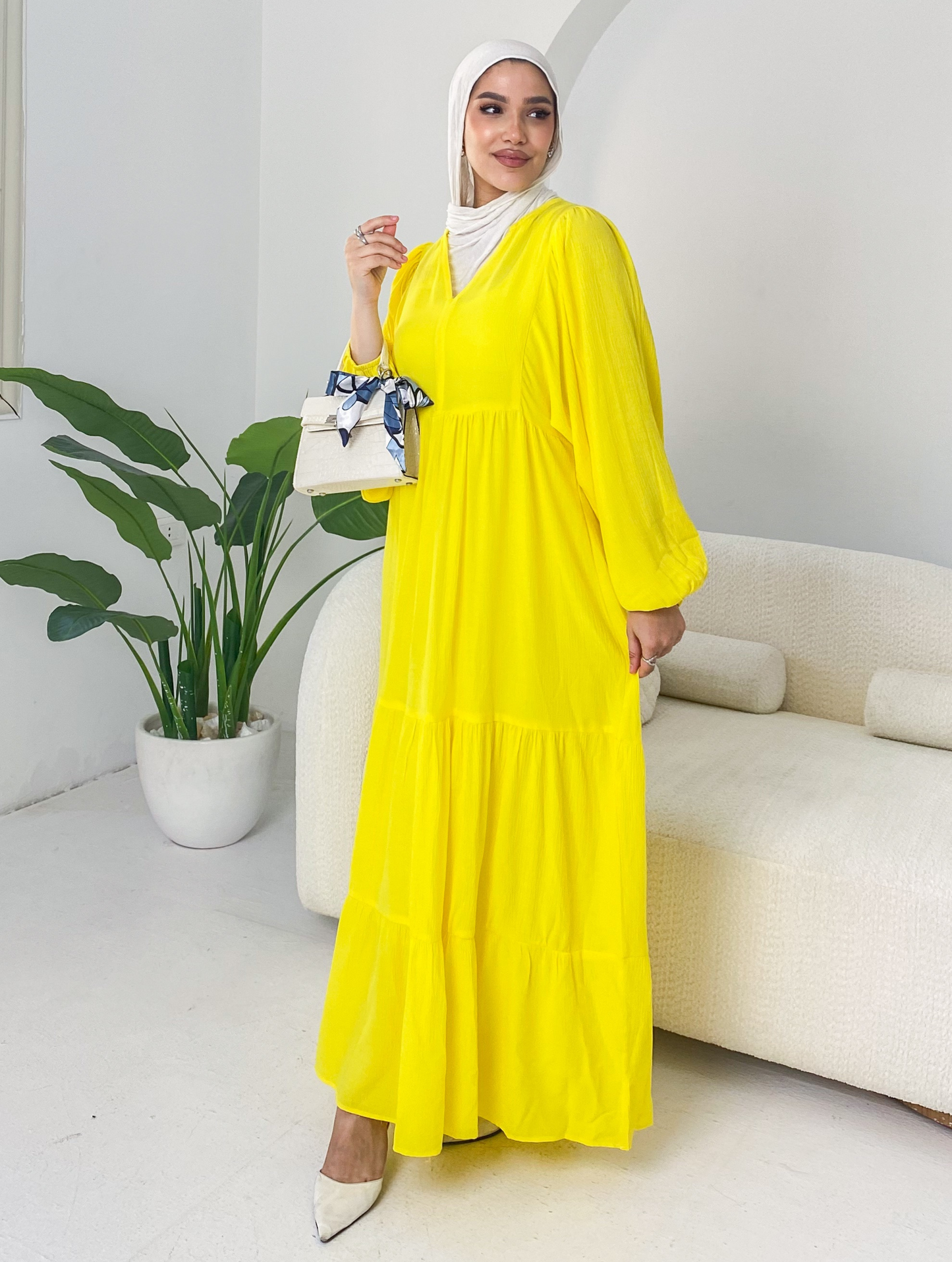 ss25ms-drs-4038-2 Yellow V Neck Dress