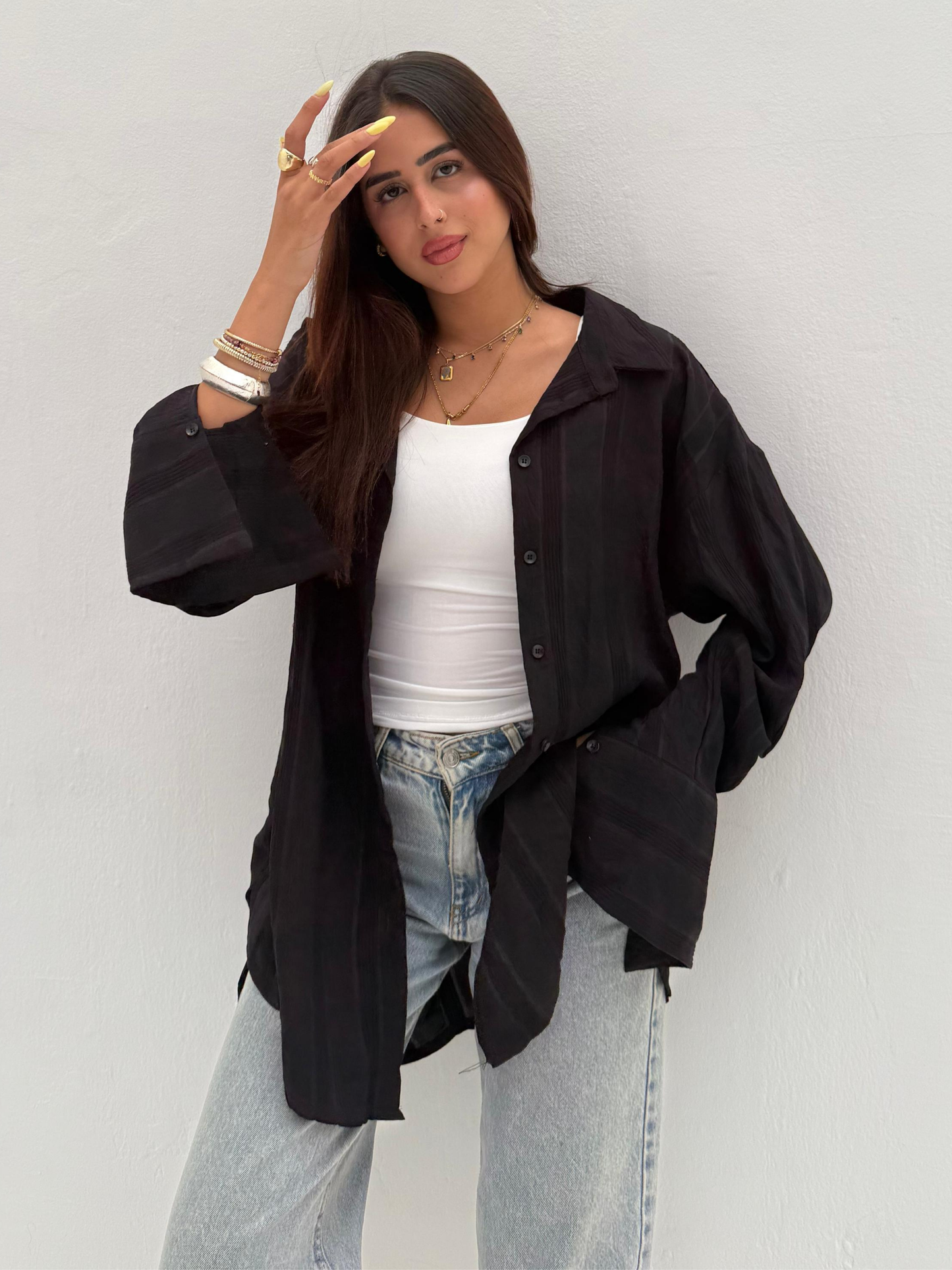 Black Wide Striped Long Shirt Code: 1048-2