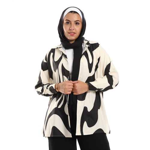 Full Front Buttons Closure Self Patterned Shirt - Black & Beige