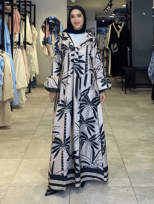 Printed Beige x Black Dress ss25ms-drs-4015