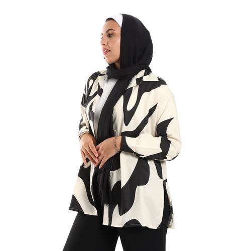 Full Front Buttons Closure Self Patterned Shirt - Black & Beige