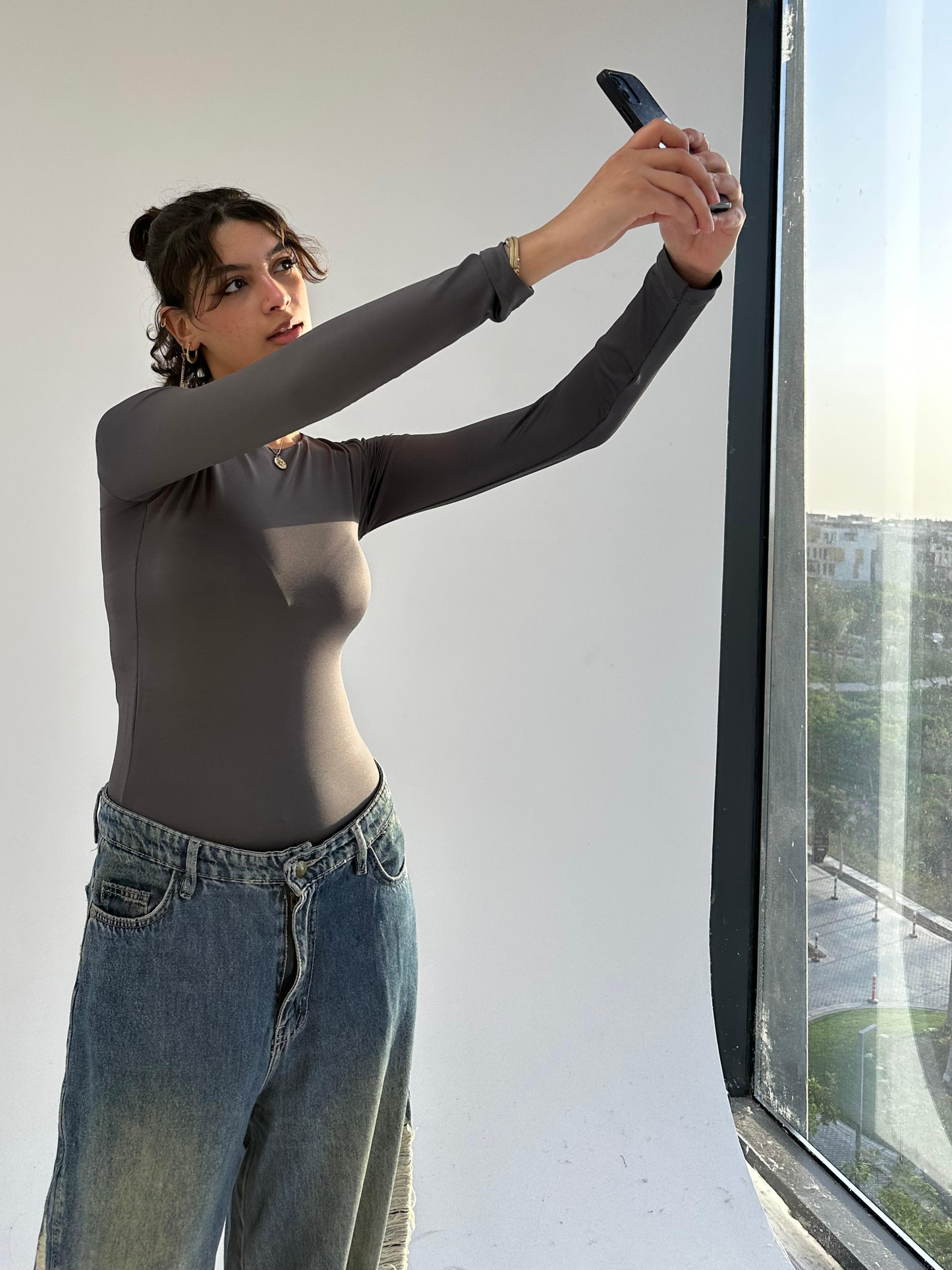 Grey  Round Neck Full Sleeve Top