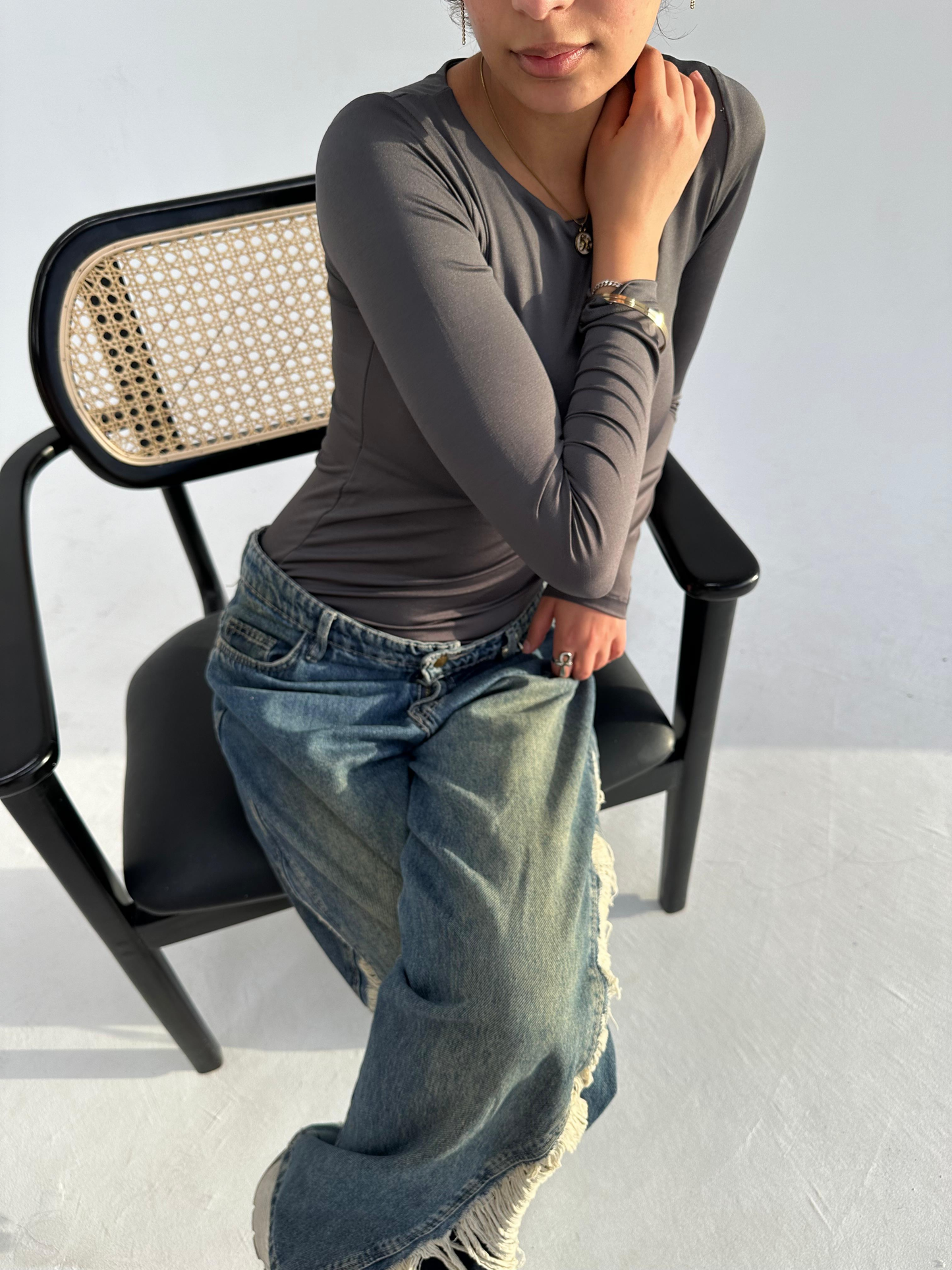 Grey  Round Neck Full Sleeve Top