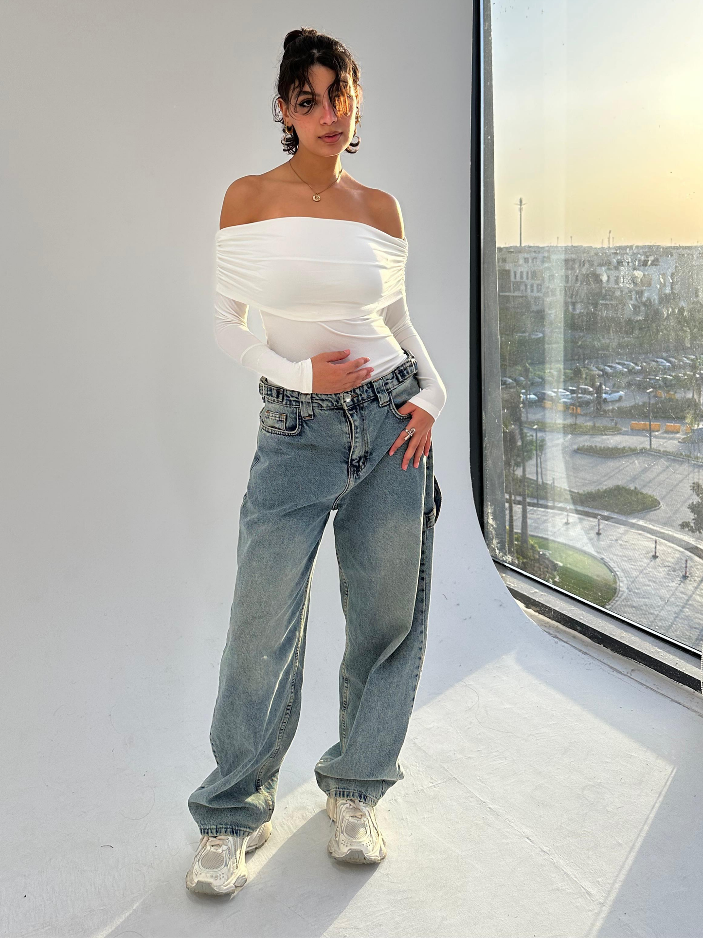 White Off Shoulder Full Sleeve Top