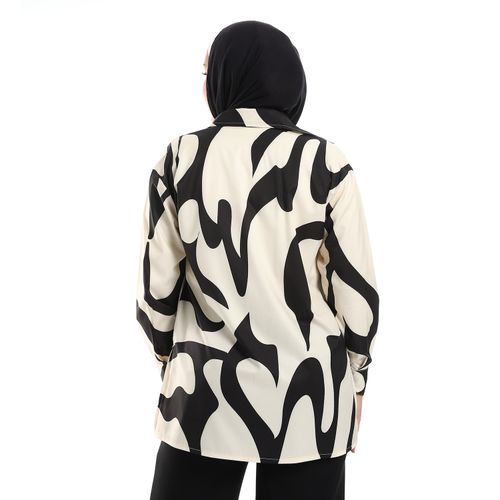 Full Front Buttons Closure Self Patterned Shirt - Black & Beige