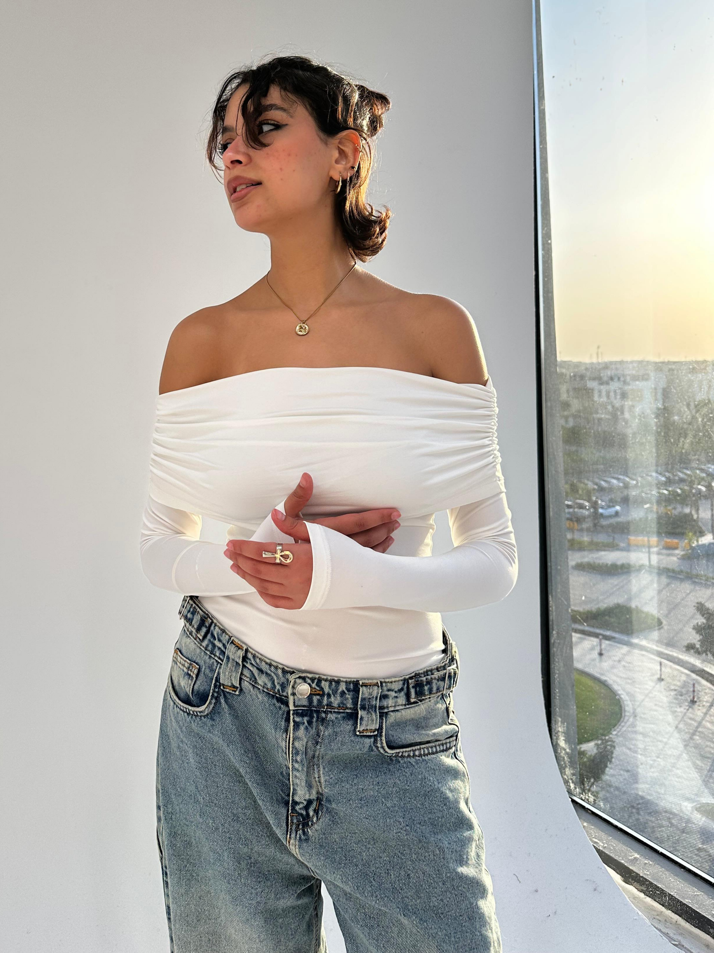 White Off Shoulder Full Sleeve Top