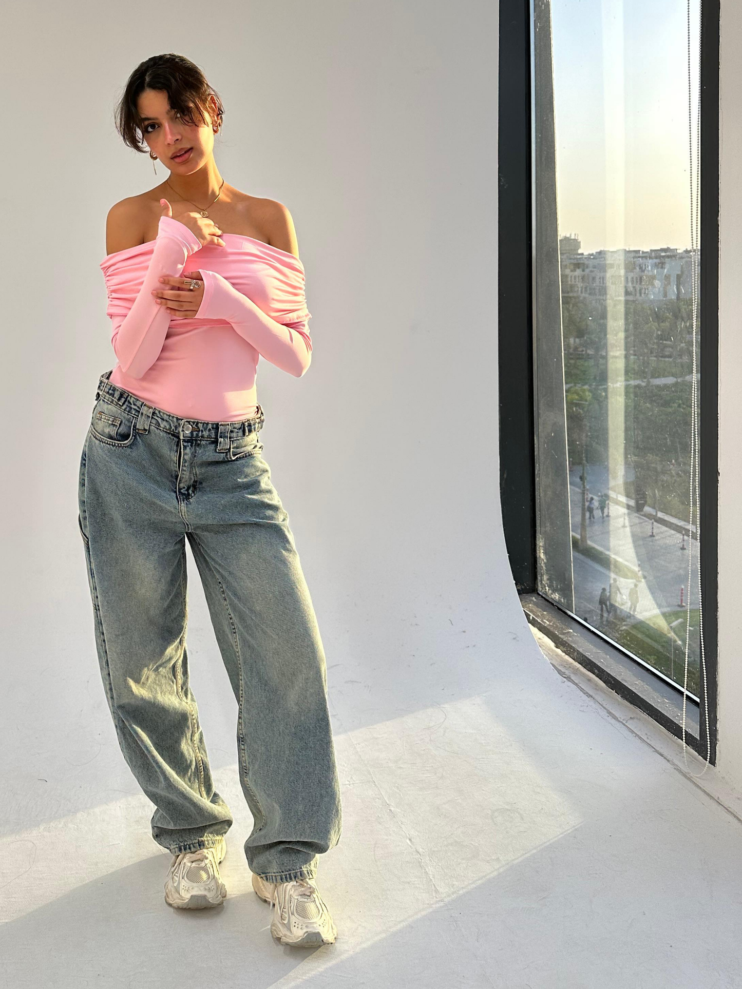 Pink Off Shoulder Full Sleeve Top