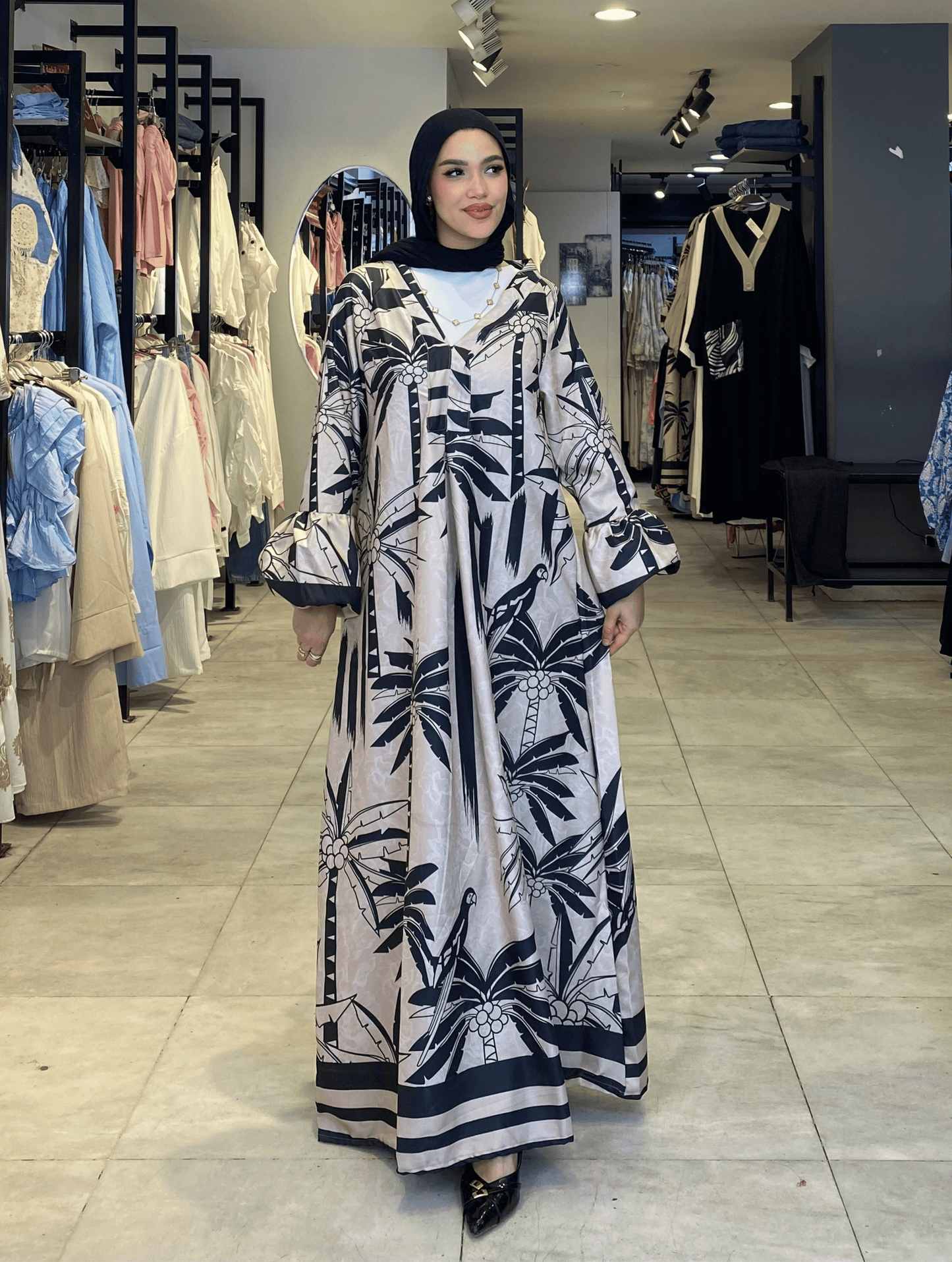 Printed Beige x Black Dress ss25ms-drs-4015
