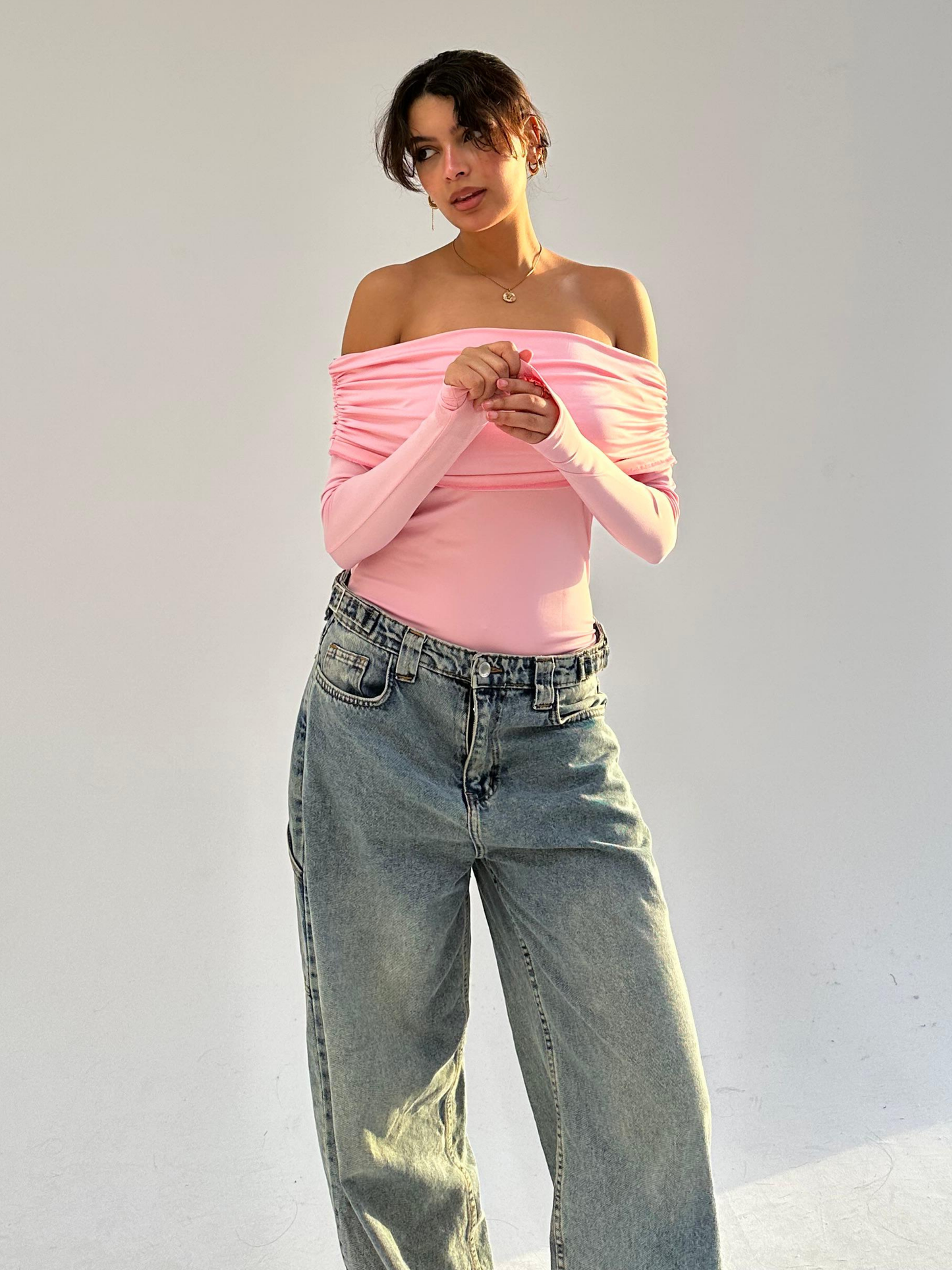 Pink Off Shoulder Full Sleeve Top