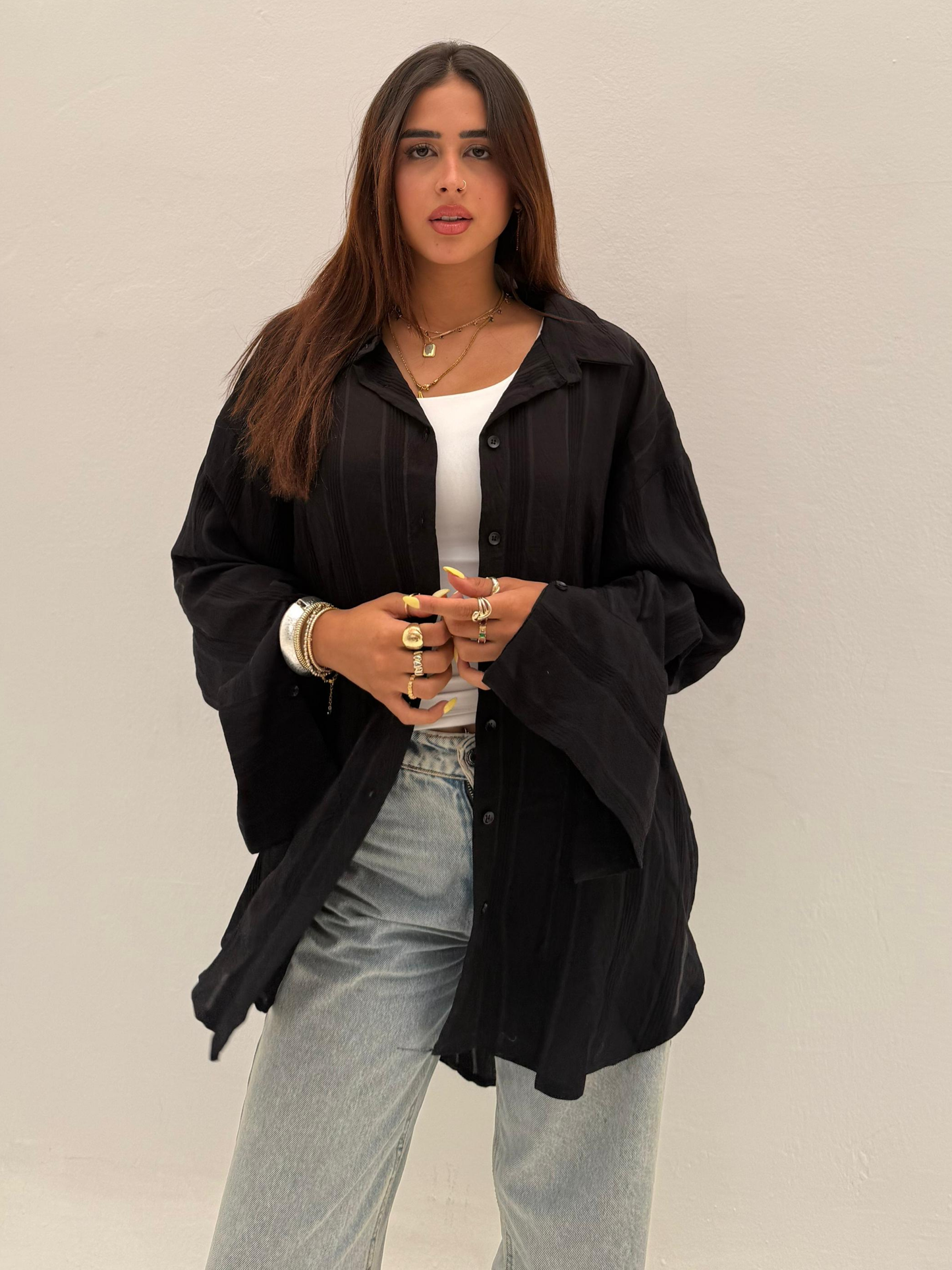 Black Wide Striped Long Shirt Code: 1048-2