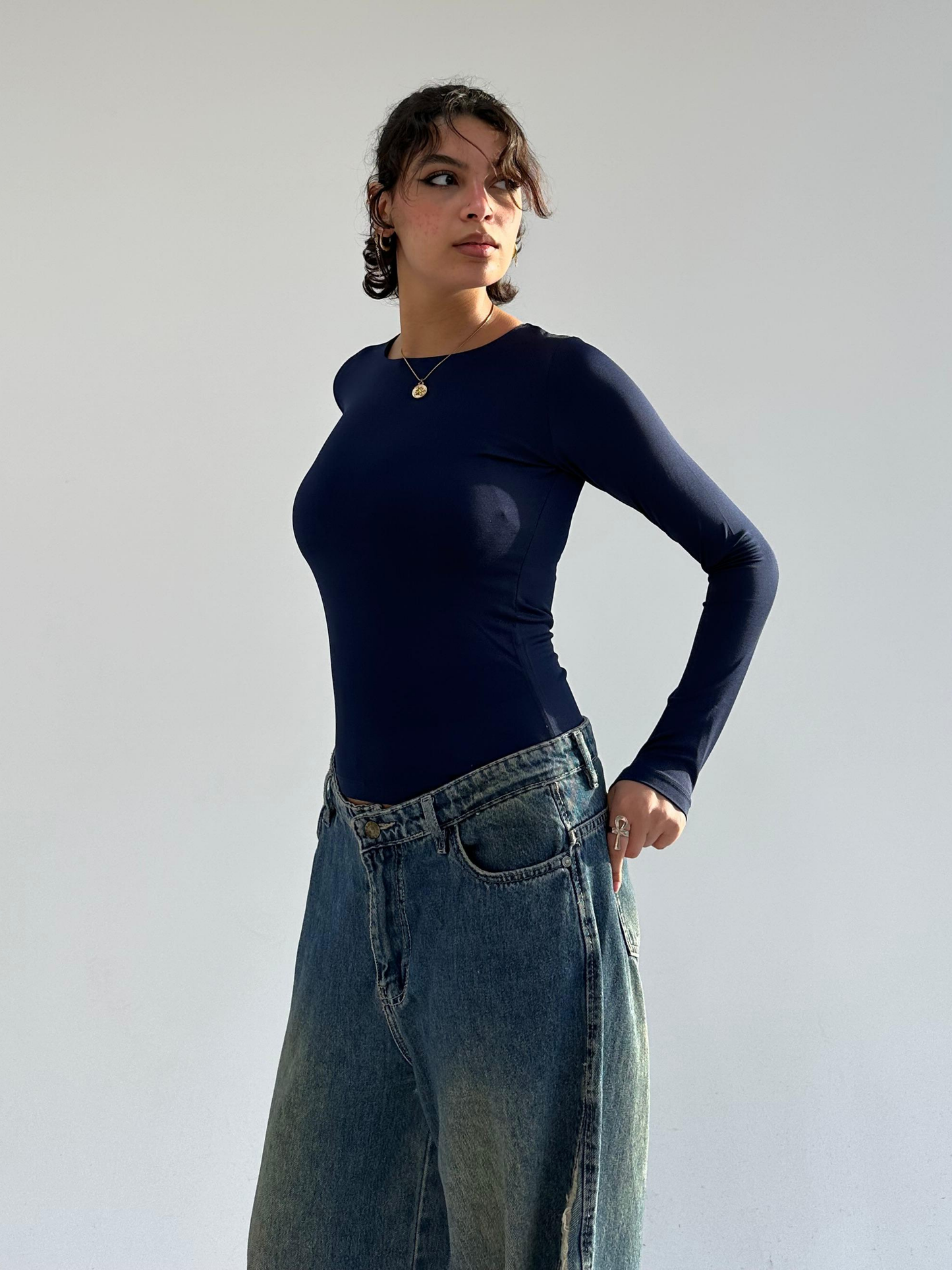 Navy Blue Round Neck Full Sleeve Top