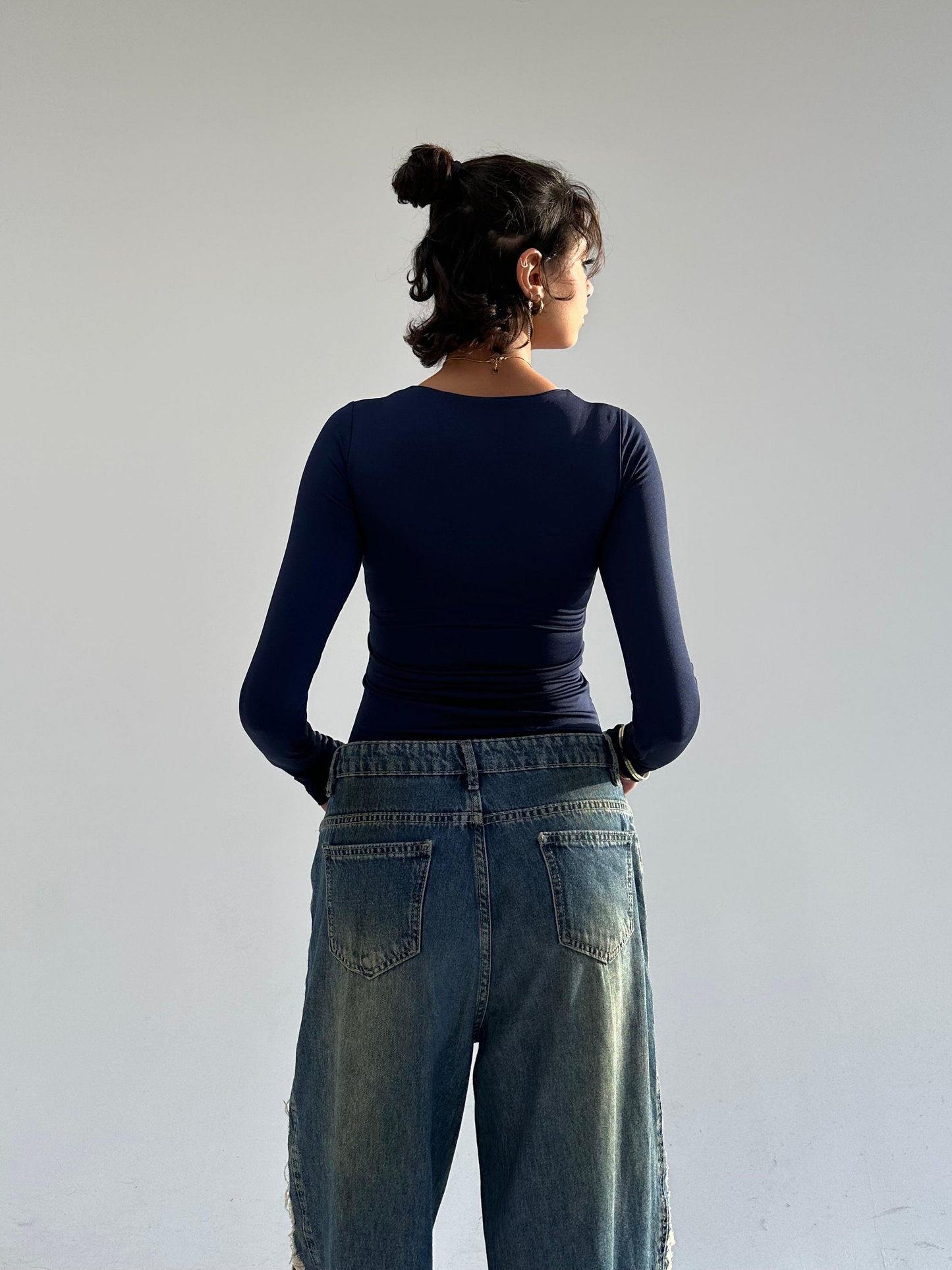 Navy Blue Round Neck Full Sleeve Top