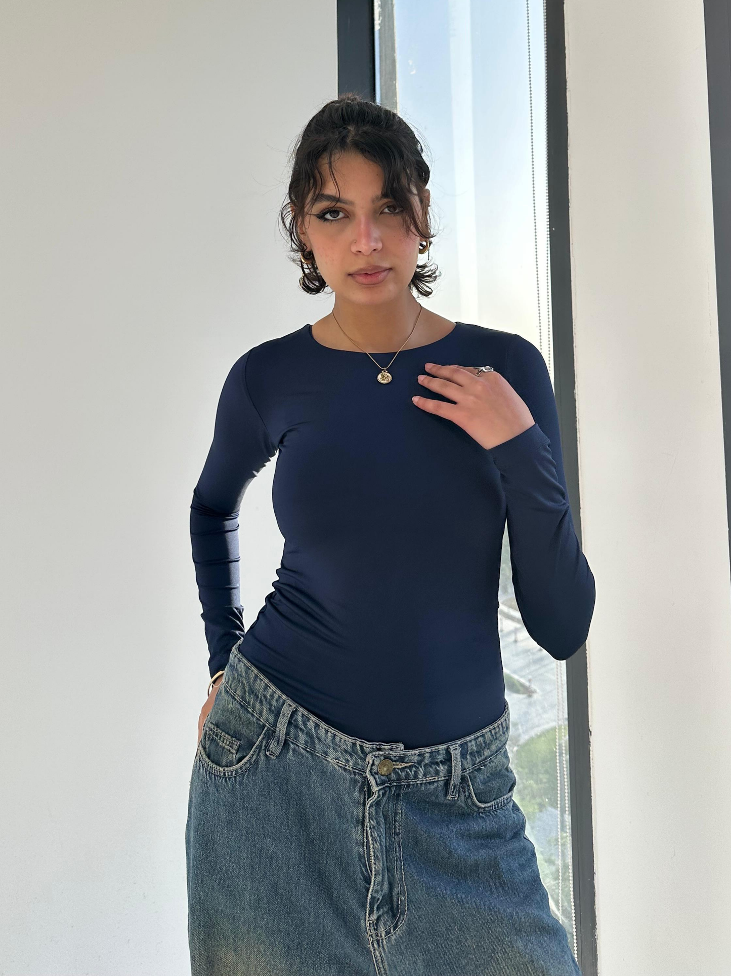 Navy Blue Round Neck Full Sleeve Top