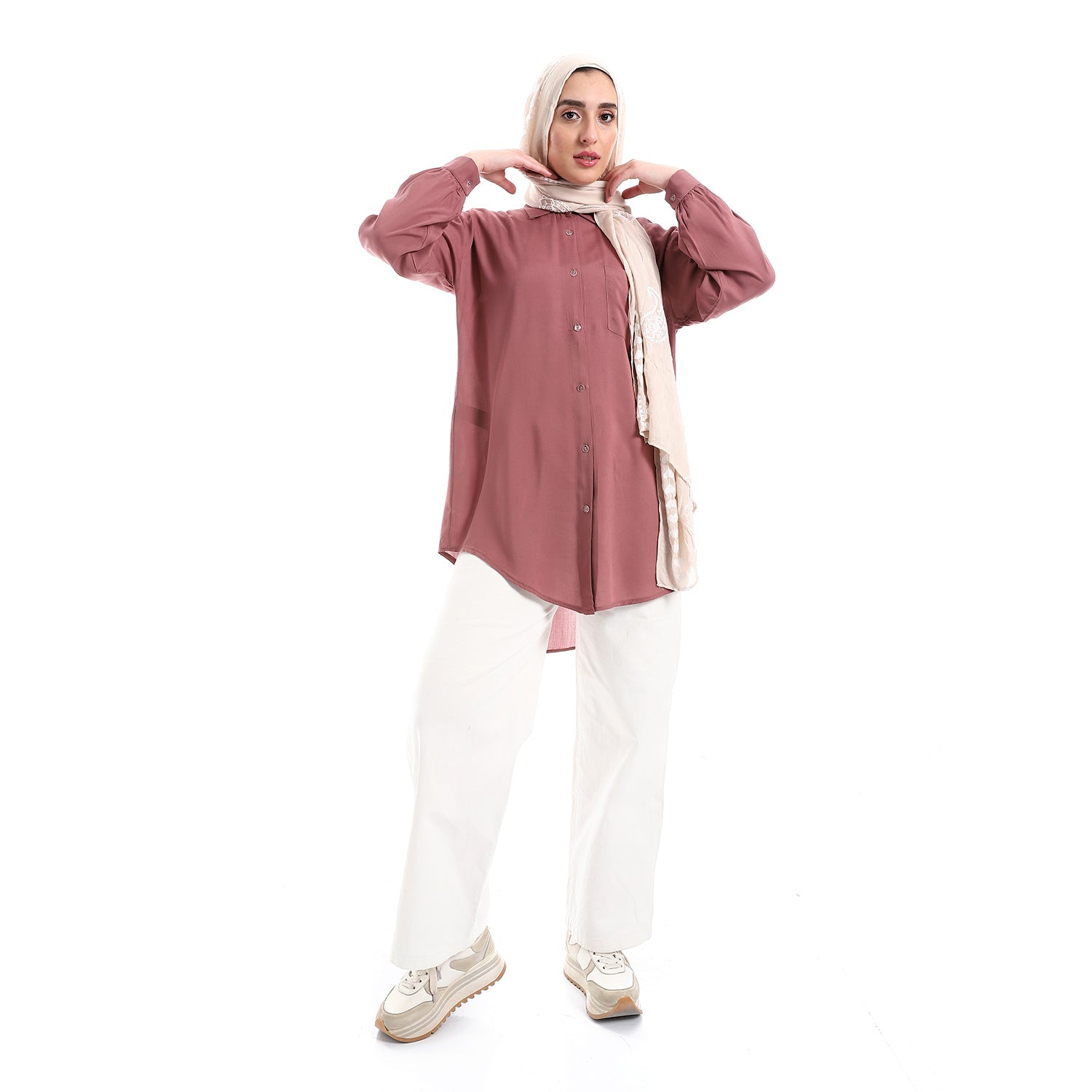 Solid Patterned Turn Down Collar Long Sleeves Shirt - Magenta