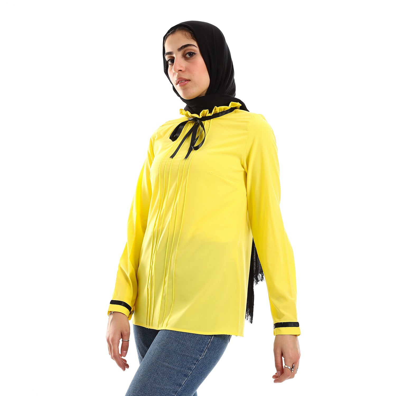 Buttoned Cuffs Stitched Chest Yellow & Black Blouse