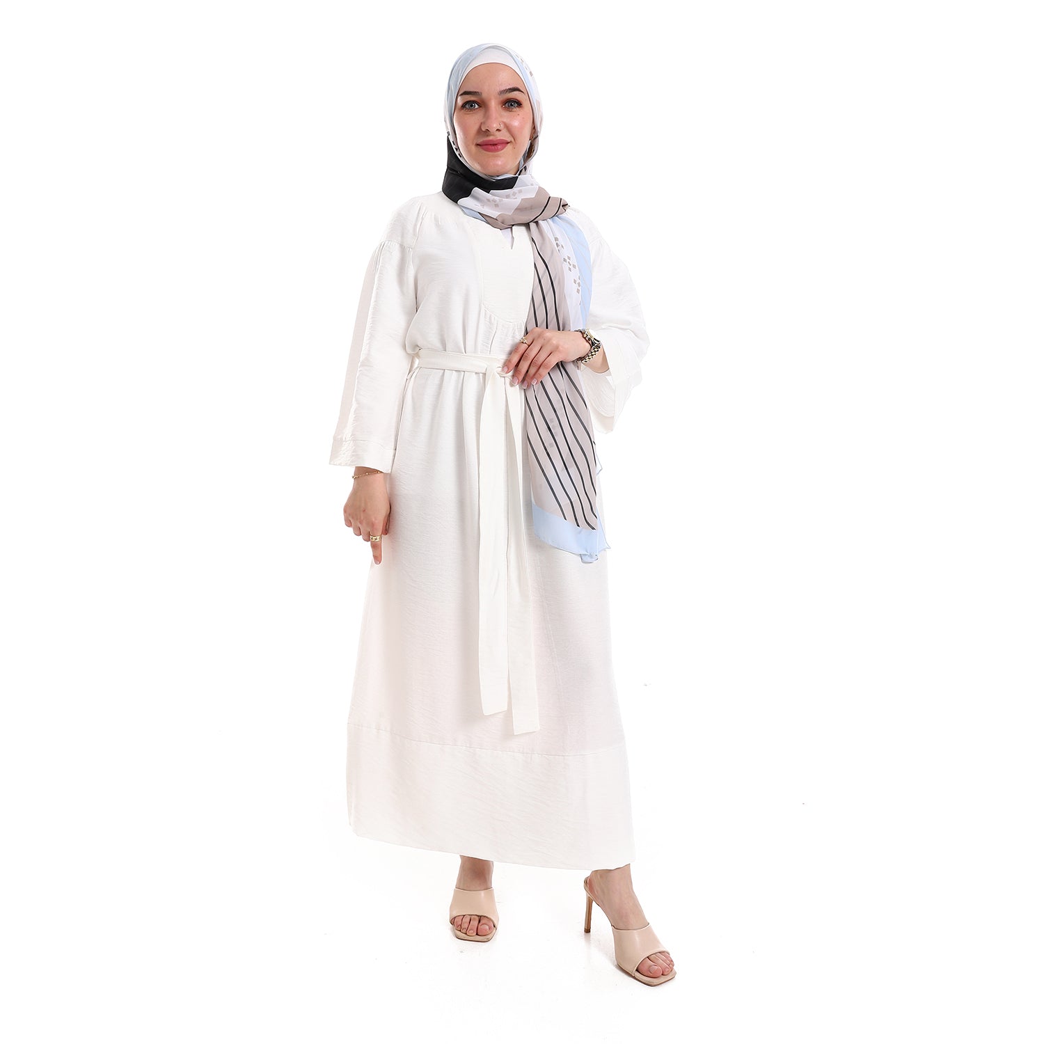 Summer Dressing Gown Robe Soft Waffle Button Up & Belt Round Collar-Off-white