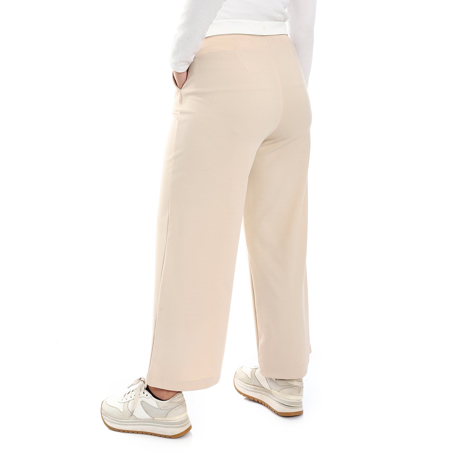 Outer Folded Waist Beige Trendy Soft Pants