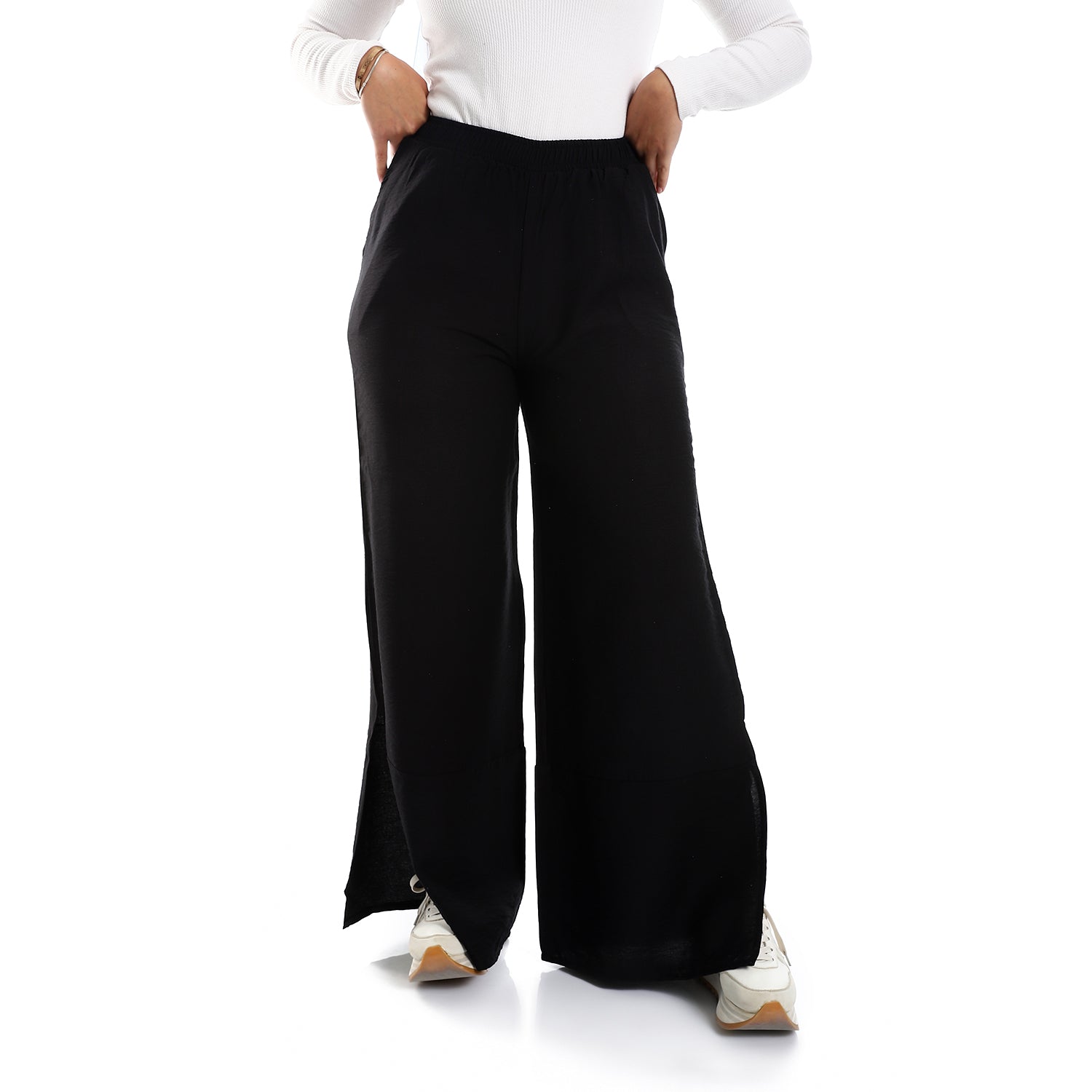 Side Pockets Practical Black Slip On Textured Pants