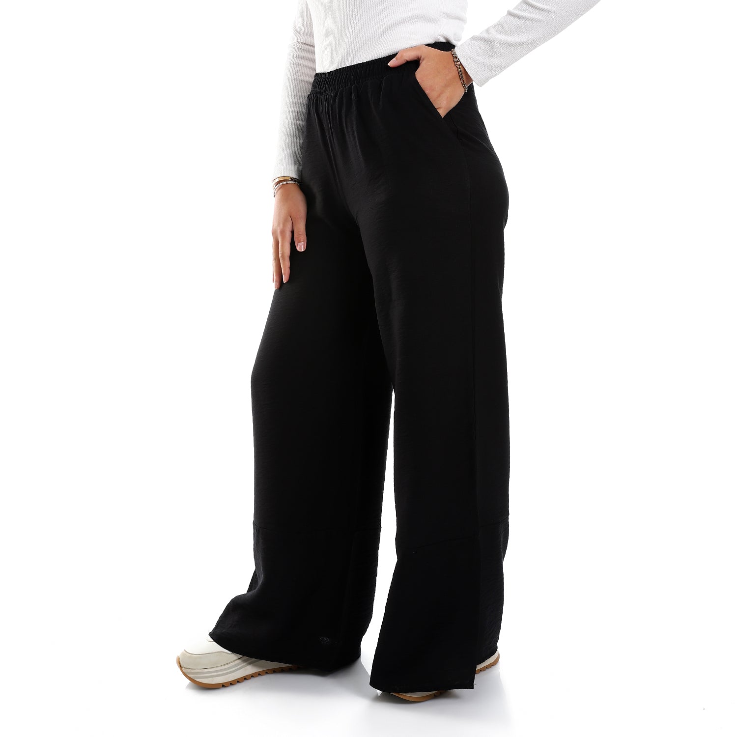 Side Pockets Practical Black Slip On Textured Pants