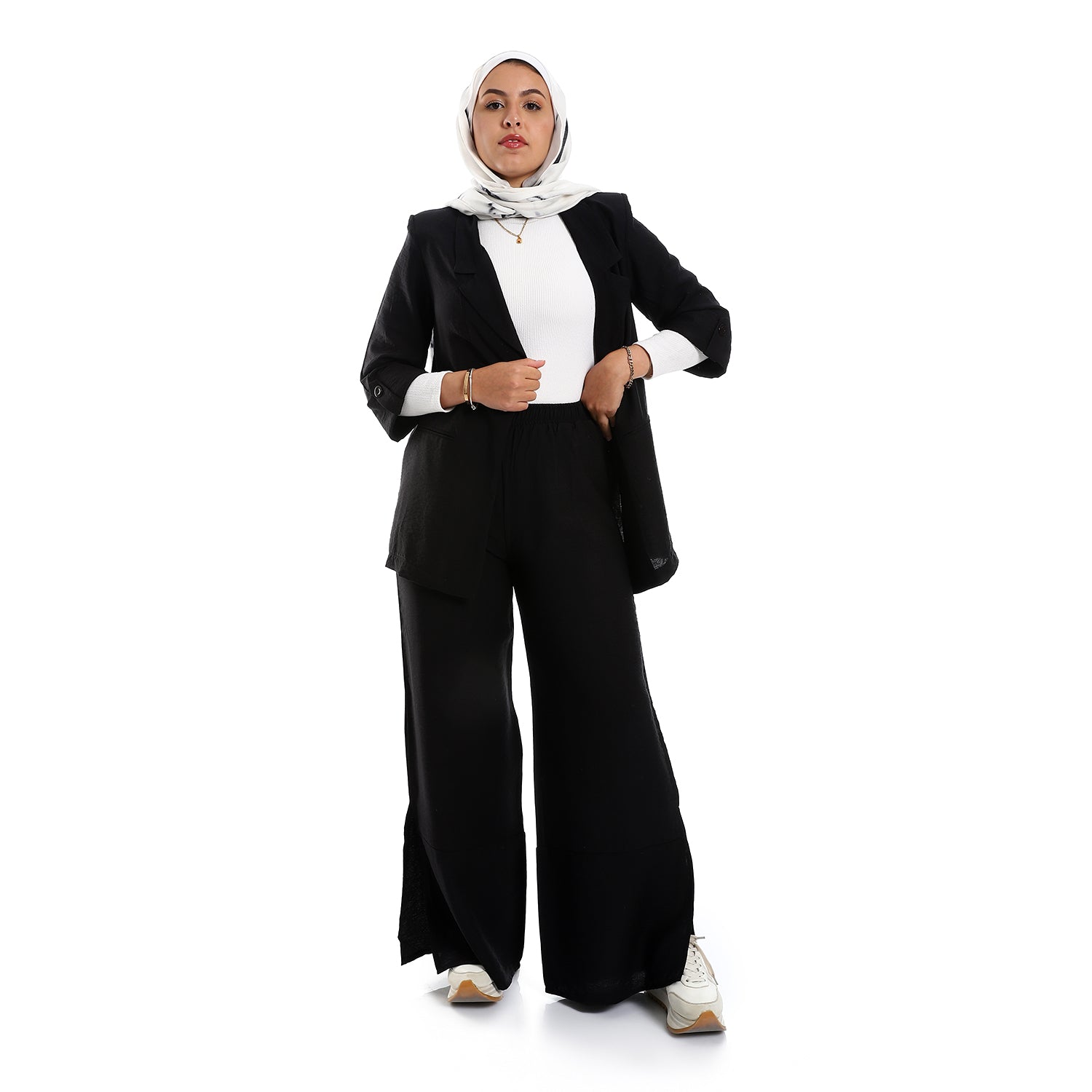 Side Pockets Practical Black Slip On Textured Pants