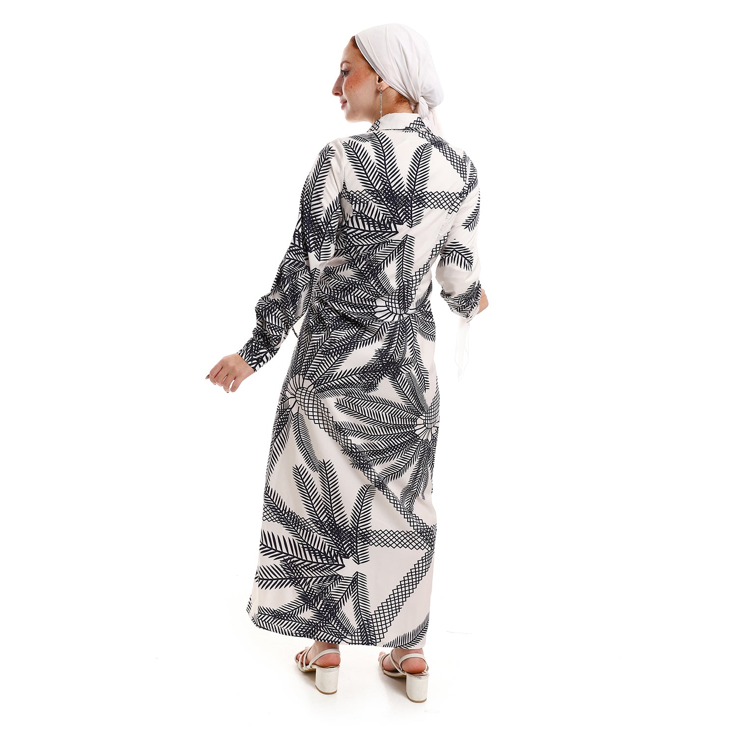 Palm Pattern Turn Down Collar Side Lace Up Dress - Navy Blue & Off-White