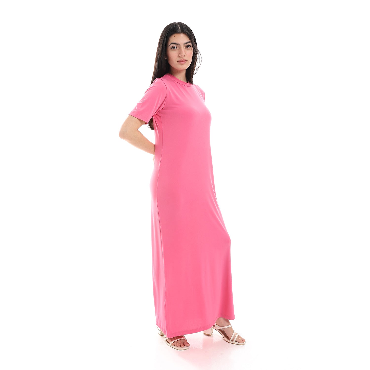 Crew Neck Solid Patterned Short Sleeves Long Dress - Lilac