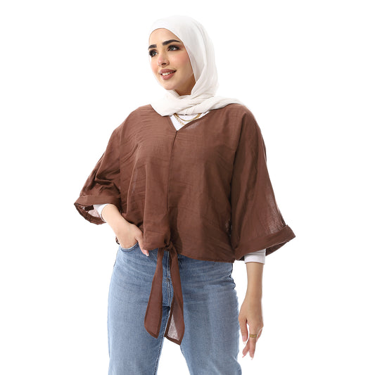 Turn Up Sleeves V-Neck Slip On Blouse - Brown