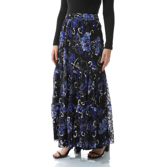 Self Patterned Long Tulle Black & Blue Skirt