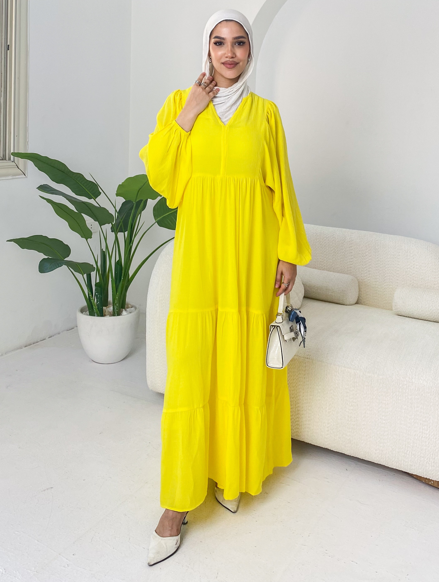 ss25ms-drs-4038-2 Yellow V Neck Dress